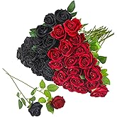 Hoemwarm 36 Pcs Silk Black Red Rose Bouquet Bridal Artificial Flowers,Fake Rose Long Stem Realistic Artificial Flowers Bulk for Wedding Bouquet Ball Arrangement Centerpiece Party Decor