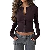 AJELIFHL Women Y2K Cinched Waist Knit Crop Cardigan Casual Chic Slim Fit Crew Neck Long Sleeve Button Up Sweater Top