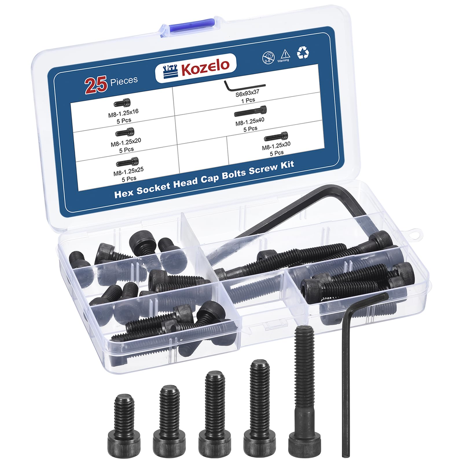 Kozelo 25pcs M8 Socket Head Cap Screws Bolts Nuts Assortment Kit - [M8x16/20/25/30/40mm] Alloy Steel Fully Threaded Black Oxide 12.9 Internal Hex Screw for 3D Printer Use, with Wrench