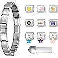 SWEETV Stainless Steel 18 Link Polish Italian Charm Bracelet with 1Pcs Starter Brascelet, 9Pcs Charms and Opening Tools, Classic 9mm Modular Charm, Personalized Jewelry Gift
