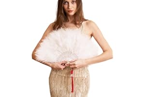 Happy Feather Handheld Marabou Feather Fan, 1920s Vintage Style Flapper Hand Fan for Costume Party and Dancing-WHITE