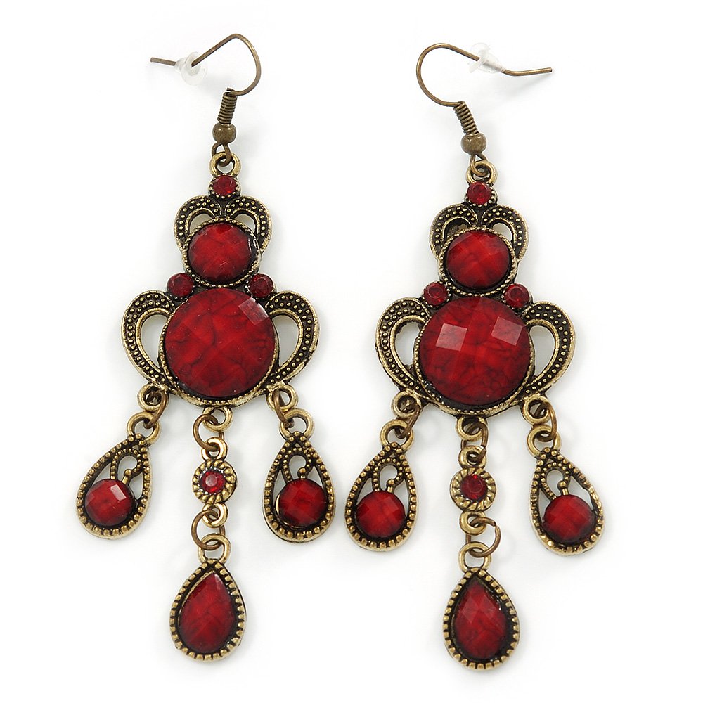 Victorian Style Dark Red/Burgundy Acrylic Bead Chandelier Earrings In Antique Gold Tone - 80mm L