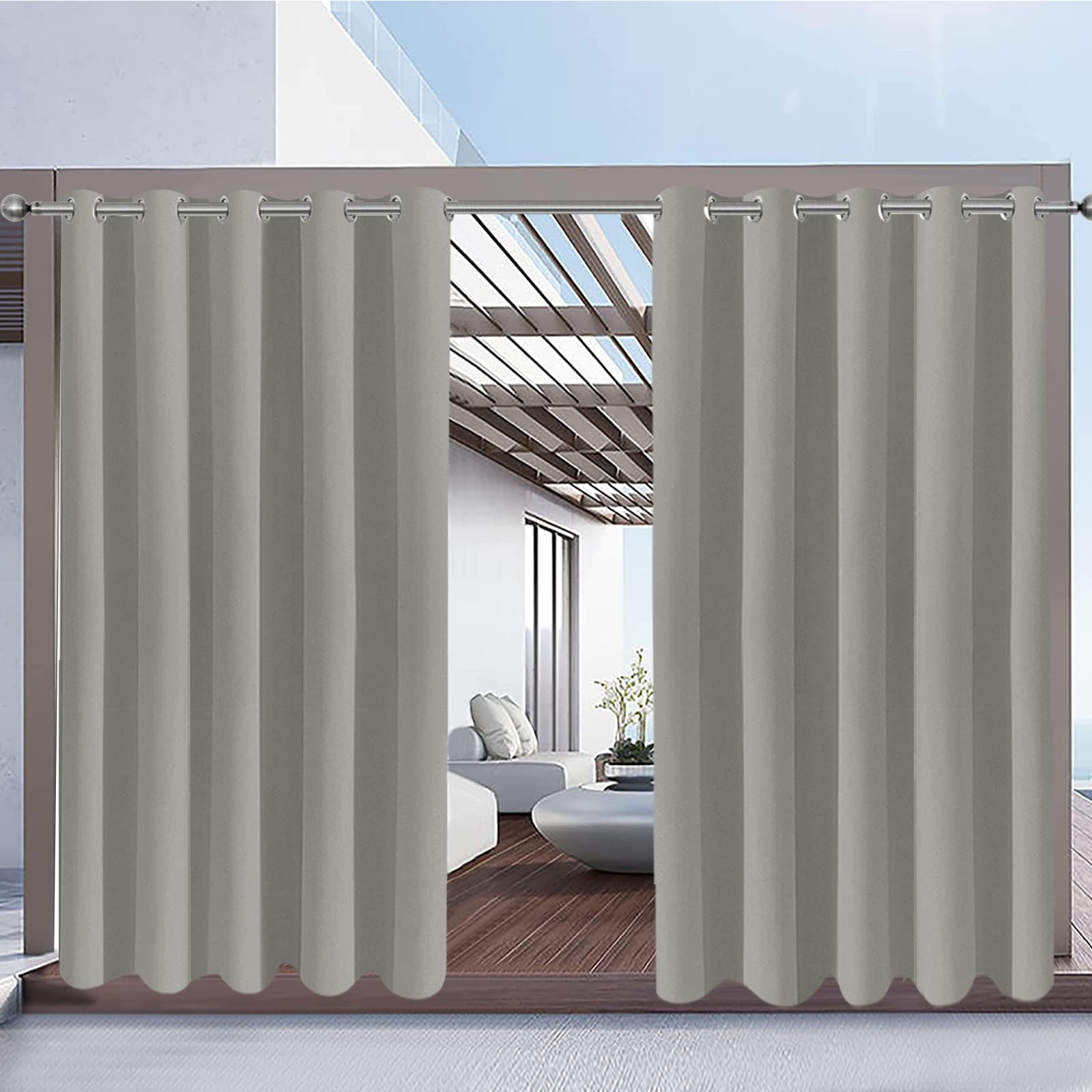 Rosnek Outdoor Curtains Waterproof,Thermal Insulated Pergola Curtains Blackout Gazebo Curtain Waterproof Windproof with Eyelet for Patio/Garden,Light Gray,71W''x 84L'',1 Panel