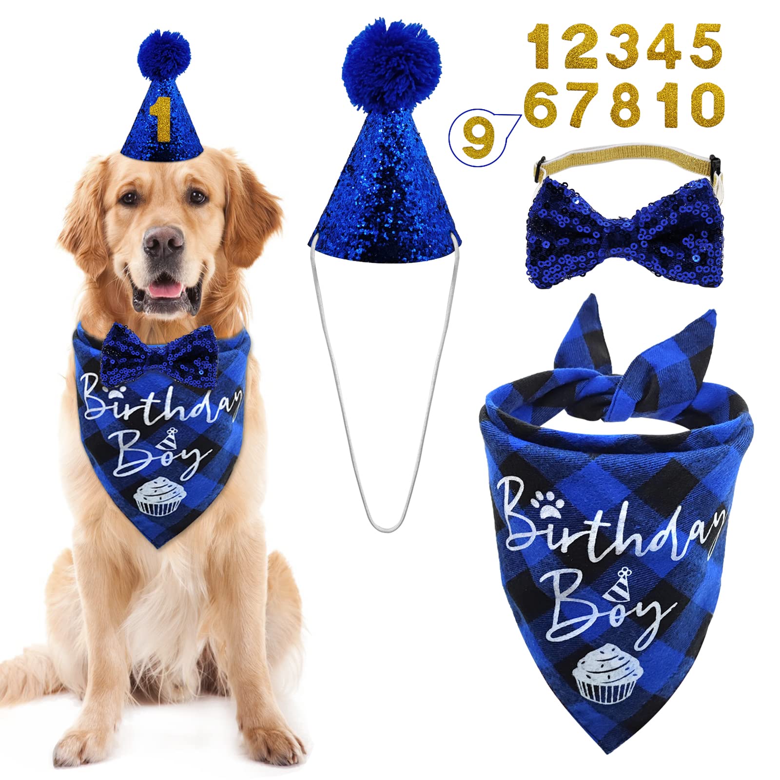 LMSHOWOWO Reusable Dog Bandana Scarf Set, Cute Dog Hat Number Bow Tie for Small, Medium, Large Dogs (Blue)
