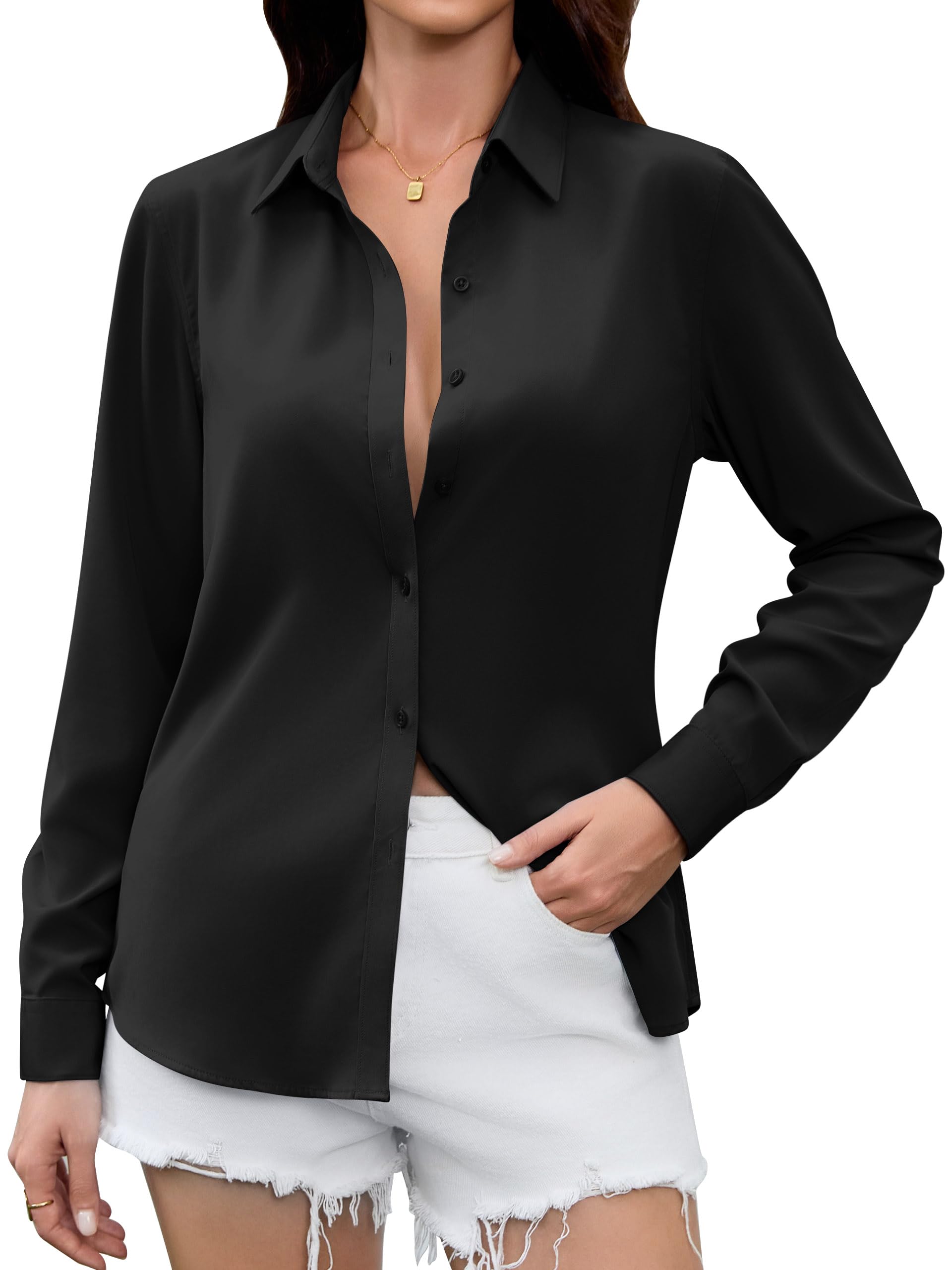 Photo 1 of Black Dressy Tops for Women Button Up Shirt Blouses Satin Shiny Silk Shirts Top Blouse Women's Long Sleeve Down Formal Work V Neck Dress Womens Elegant Business Casual Tunic Collared Collar Black XS
