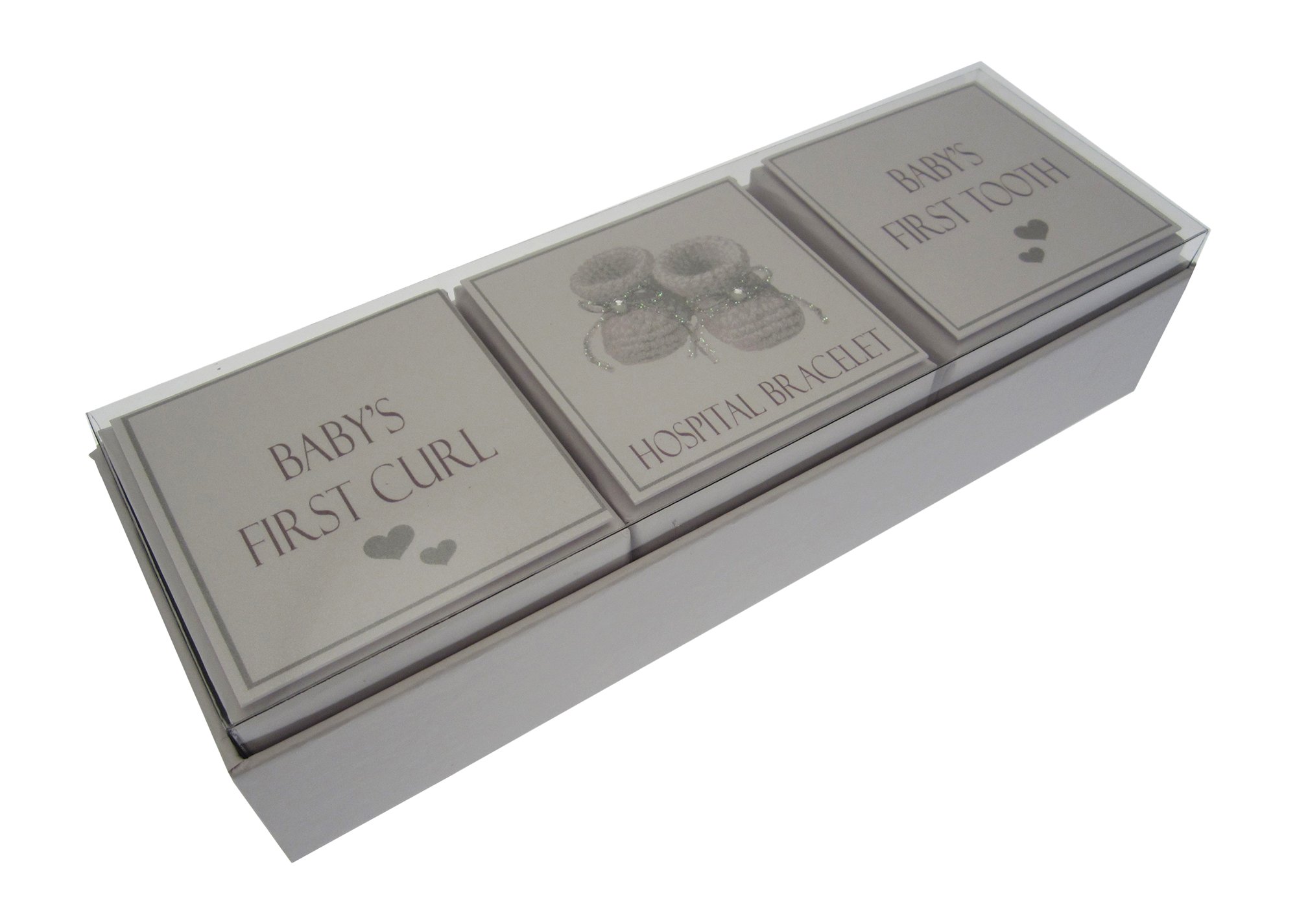 White Cotton Cards Baby's First Curl/Bracelet/Tooth 3-in-1 Keepsake Box Set (Silver Booties), BOS5