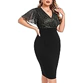 ZOMVA Plus Size Sparkly Bodycon Dress Ruffle Sleeve V Neck Wrap Midi Dresses Wedding Guest Business Work Cocktail Party