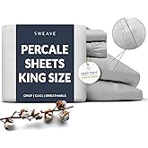 Sweave 100% Cotton Percale Sheets King Size - Cool & Crisp Hotel Feeling, Breathable, Softer After Each Wash, Fitted Sheets with Deep Pockets, Double-Elastic & Corner Straps, Z-Hem Luxury Stitching