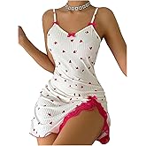 SHENHE Women's Sexy Nightgown Side Slit Lace Trim Heart Print Bow Slip Dress Chemise Nightie