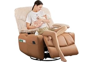 SUNWAVE Power Nursery Rocking Chair with Adjustable Armrests, Nursing Chair with USB, Cup Holders & Blanket, Swivel Rocker Recliner with Corduroy and PU Leather Mixed Fabric (Brown)
