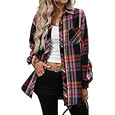 CHYRII Womens Oversized Flannel Shirts Button Down Long Sleeve Plaid Shirt Business Casual Blouse Top