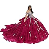 DXUOPL Silver Appliques Quinceanera Dresses with Bow Glitter Tulle Sweet 16 Dresses Elegant Off Shoulder Vestidos de 15 años