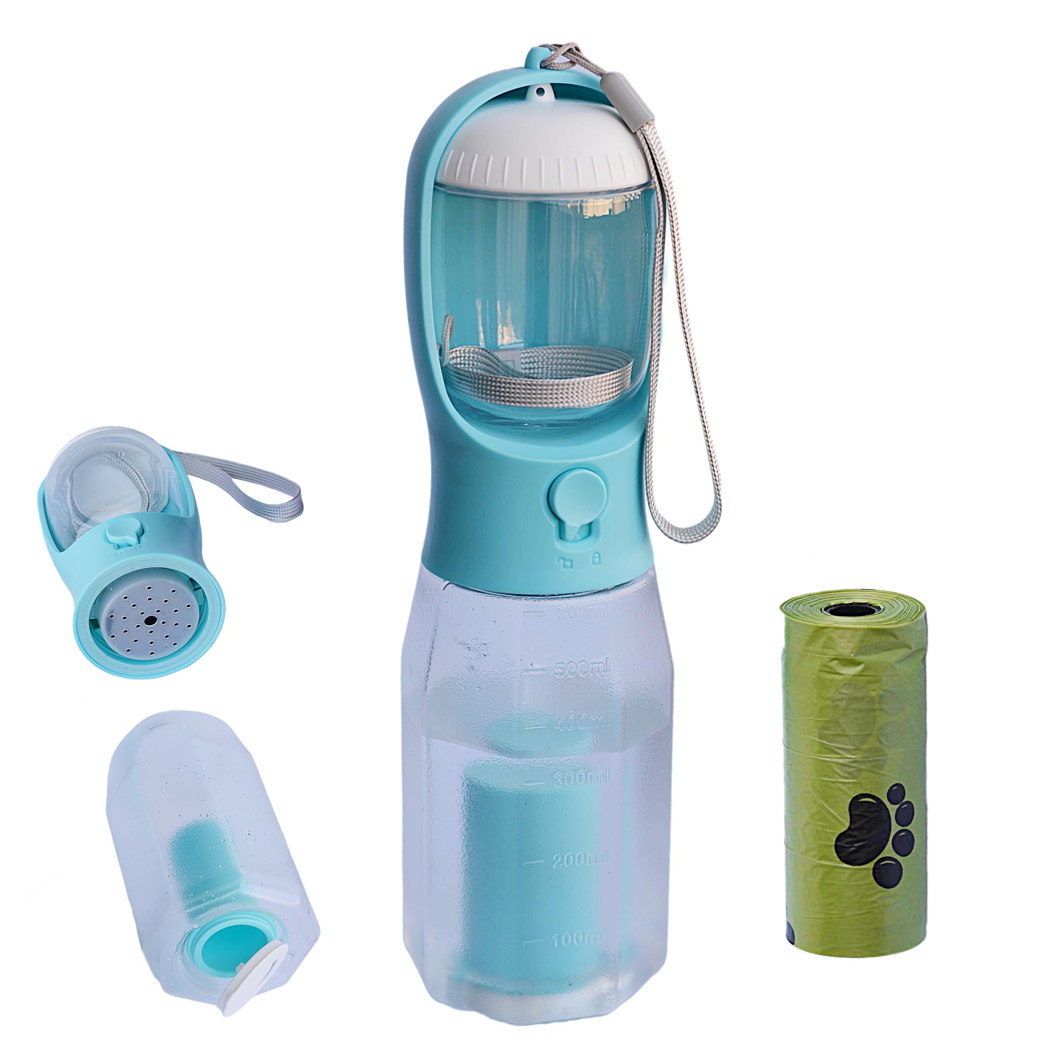 PANJAL Portable Dog Water Bottle 600ml, 4 in1 Multi Function Leak Proof BPA-Free Poo Bag Dispenser Snack Compartment Carbon Filter - Outdoor Walking Hiking Travel - Turquoise Blue