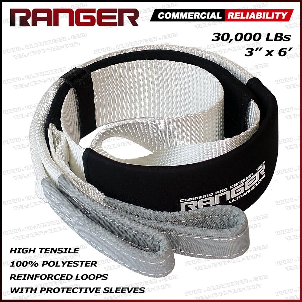 Ranger 3" x 6' Tree Saver Strap for Tow Winch Recovery Heavy Duty with Reinforced Loops + Protective Sleeves 30,000 lb Breaking Capacity 13.6 Tons: Automotive