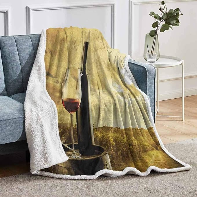YUAZHOQI Wine Throw Blanket for Bed Red Wine Bottle and Glass on Wooden