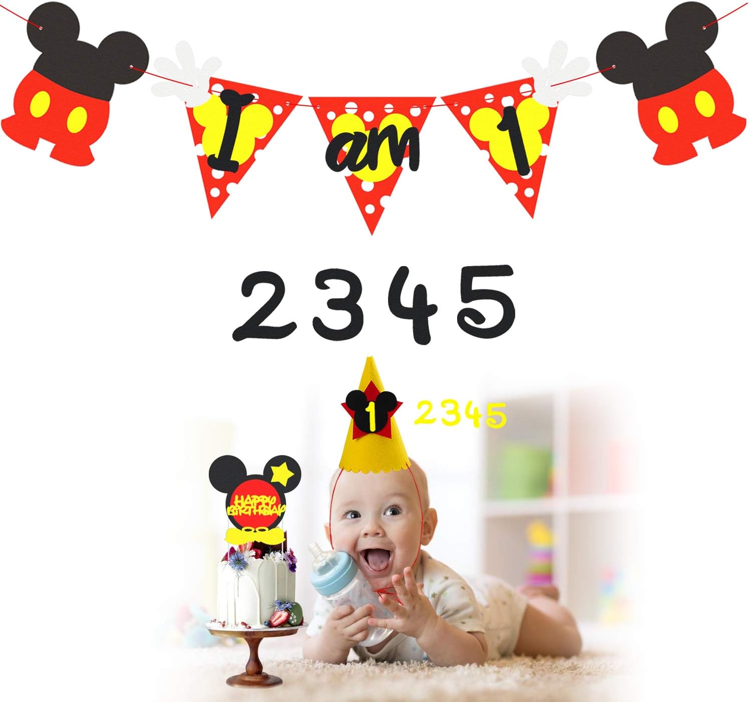Mickey 1st Birthday Party Banner with Party Hat and Happy Birthday Cake Topper, Mickey Themed Party Decoration Kit for 1-5 Year Old Kids