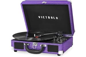 Victrola Journey Bluetooth Portable Suitcase Record Player – with Built-in Speakers, 3 Speed Vinyl Record Player, RCA Out, Headphone Jack (Purple Glitter)