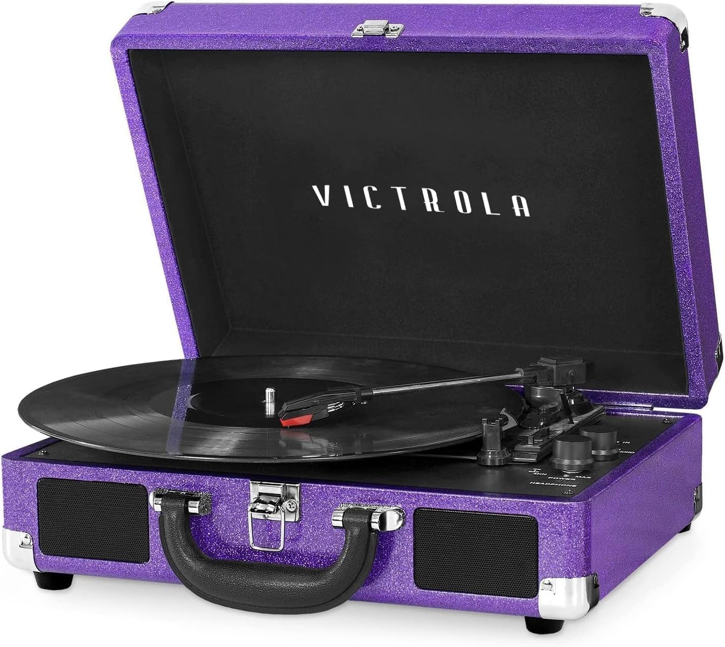 Photo 1 of Victrola Journey Bluetooth Portable Suitcase Record Player – with Built-in Speakers, 3 Speed Vinyl Record Player, RCA Out, Headphone Jack (Purple Glitter)
