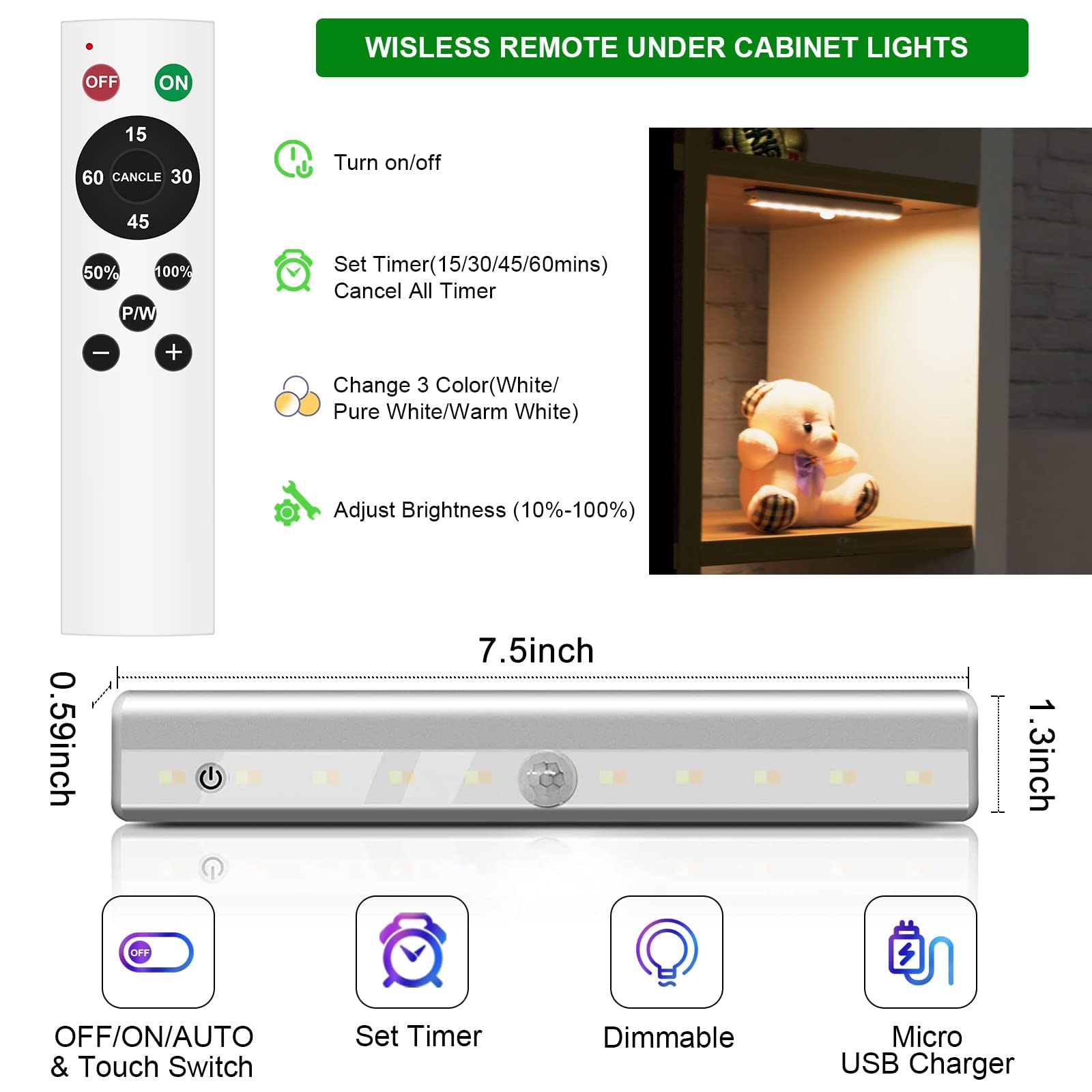 SZOKLED 20LED Under Cabinet Lighting Remote Control, Wireless Closet Lights Rechargeable Under Counter Lights for Kitchen, Hallway, Display, Multiple Colors (4 Pack)