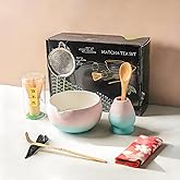 Matcha Whisk Set,8 Pcs Matcha Kit Includes Matcha Bowl with Spout,Matcha Whisk Holder,Bamboo with Ceramic Holder,Bamboo Scoop and Rest,Sifter,Tea Towel for Ceremony Matcha Lovers Gift (Pink+Blue)