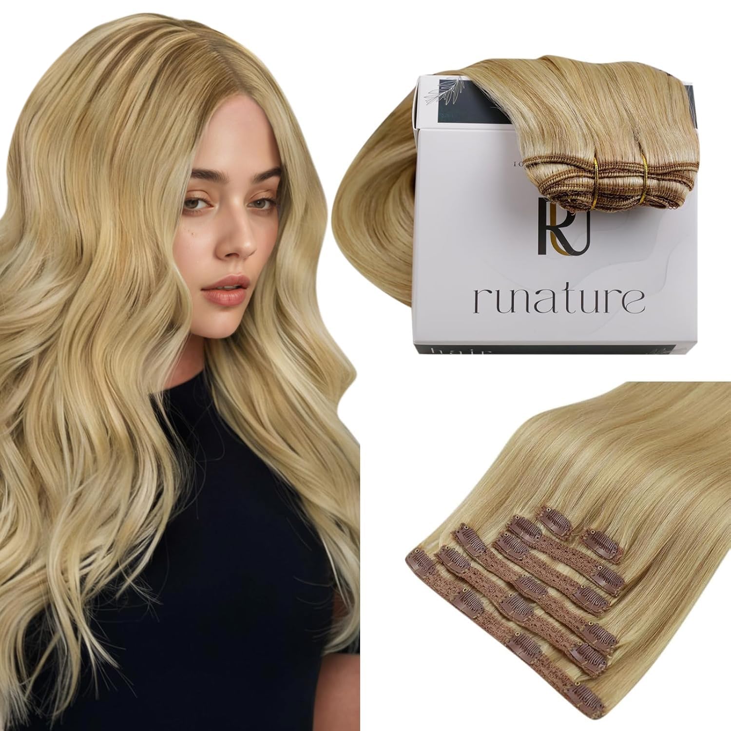 RUNATURE Clip in Hair Extensions Real Human Hair 20 Inch Blonde Hair Extensions Clip in Human Hair 120g 7pcs Full Head Straight Highlight Golden Blonde Remy Hair Double Weft #16/24