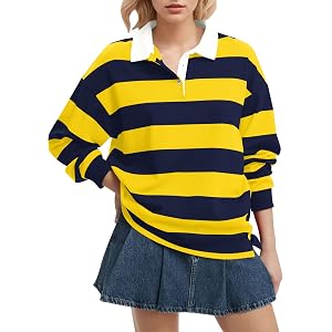 Lenader Women Long Sleeve Striped Polo Shirt Oversized Collar Y2k Pullover T Shirt Casual Loose Streetwear Rugby Sweatshirt