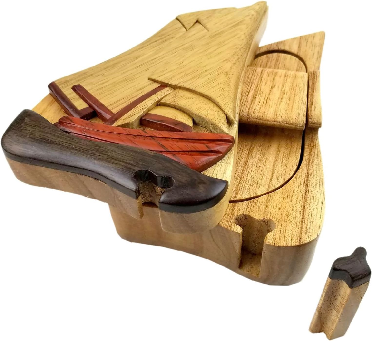 Sail Boat All Natural Exotic Woods Puzzle Box, 5.5 x 4 x 2.25 with Sliding Wooden Key Lock, Sliding Cover and Inner Lid to Hidden Compartment. Hand-made Wood Onlay Design on Lid.