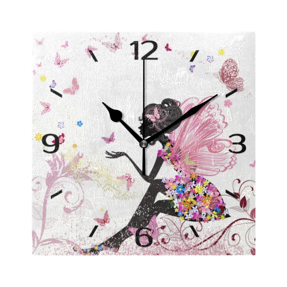 ALAZA 20cm Silent Square Wall Clock, Flower Fairy And Butterflies Non Ticking Clock for Living Room Kitchen Bedroom Office Decorative with Desktop Stand