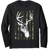 Whitetail Buck Deer Hunting USA Camouflage American Flag Long Sleeve T-Shirt