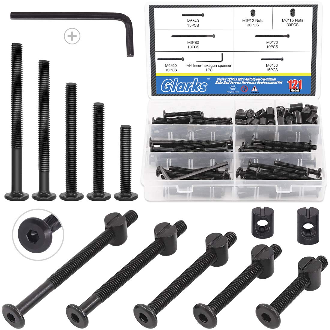 Glarks 120Pcs M6x40/50/60/70/80mm Black Hex Socket Cap Bolt and Barrel Nut Assortment Kit with a Allen Wrench for Crib Baby Bed Cots Furniture