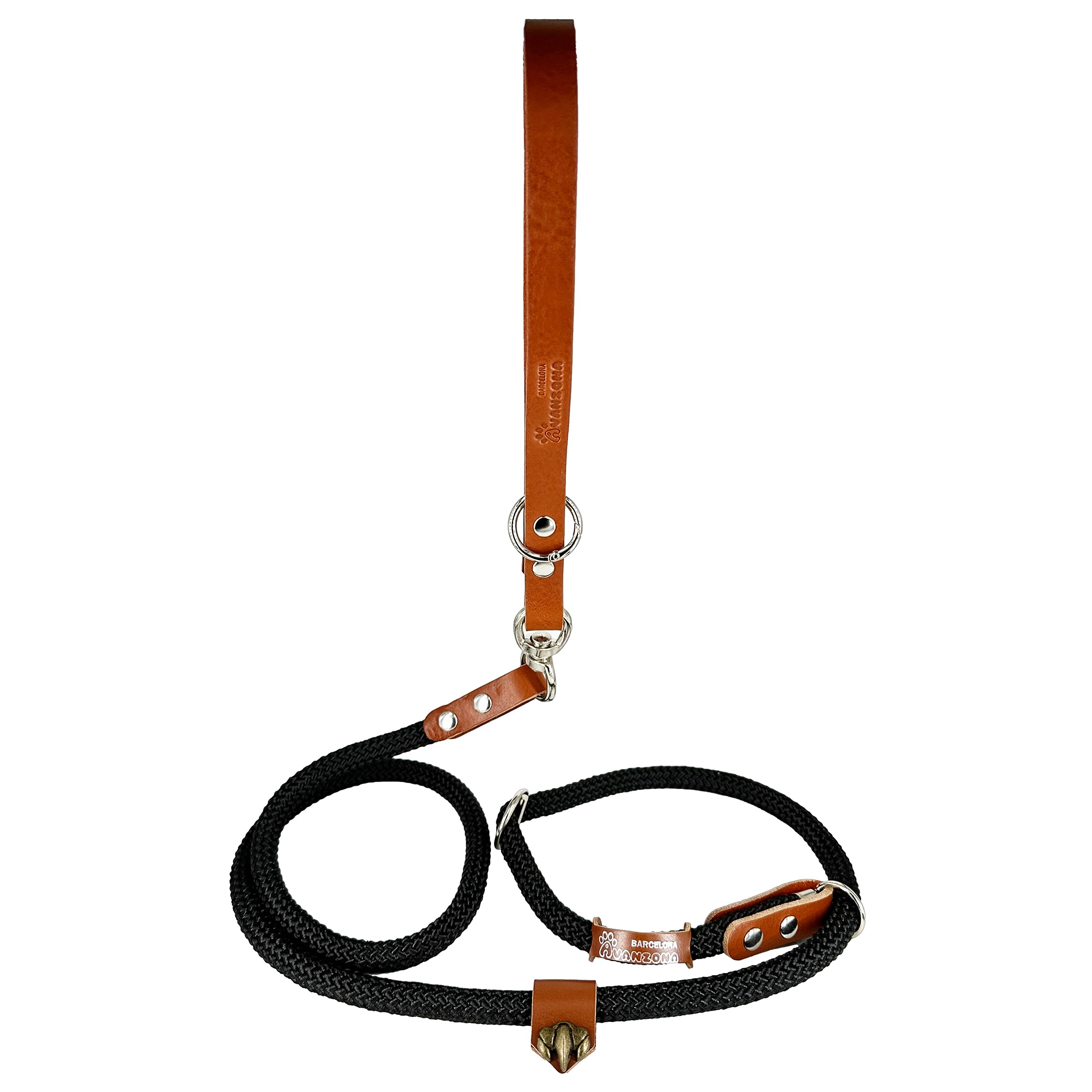 2-in-1 Dog Leash with Built-in Collar and Leather Handle, No-Pull for Small to Large Dogs, Made in Spain. Black&Cognac