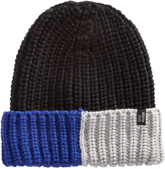Steve Madden Mens Ribbed Knit Colorblock Beanie Hat Black O/S at Amazon