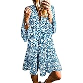 miduo Womens Summer Dress Casual V Neck Buttoned 3/4 Sleeve Bohemian Tribal Print Flowy Mini Dresses
