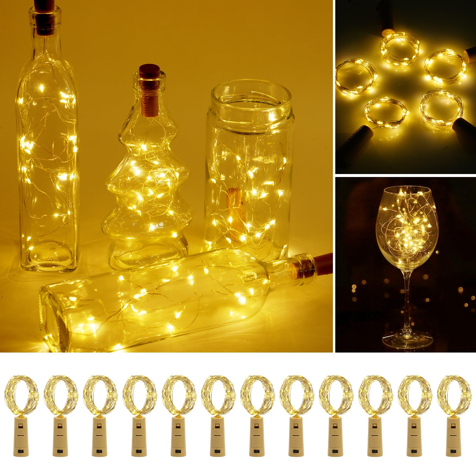 Vicloon Cork Bottle Lights, 12 Pack 2M 20 LED Battery Operated Silver Wire Fairy, Mini String Lights for Party, DIY, Jars, Christmas, Wedding, Decoration, Birthday (Warm White)