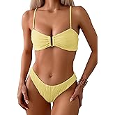 Fanuerg Women's Ribbed Bikini Sets U Wire Adjustable Spaghetti Straps Swimsuit Textured Ruched Two Piece Bathing Suit