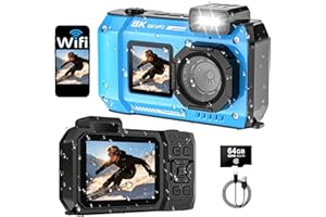SPUNALP UHD 8K Underwater Camera, 70MP 33FT WiFi Waterproof Digital Camera with 64GB Card, Auto Focus Waterproof Dual-Screen Selfie 2500mAh Battery, 18X Floatable Digital for Snorkeling, Blue