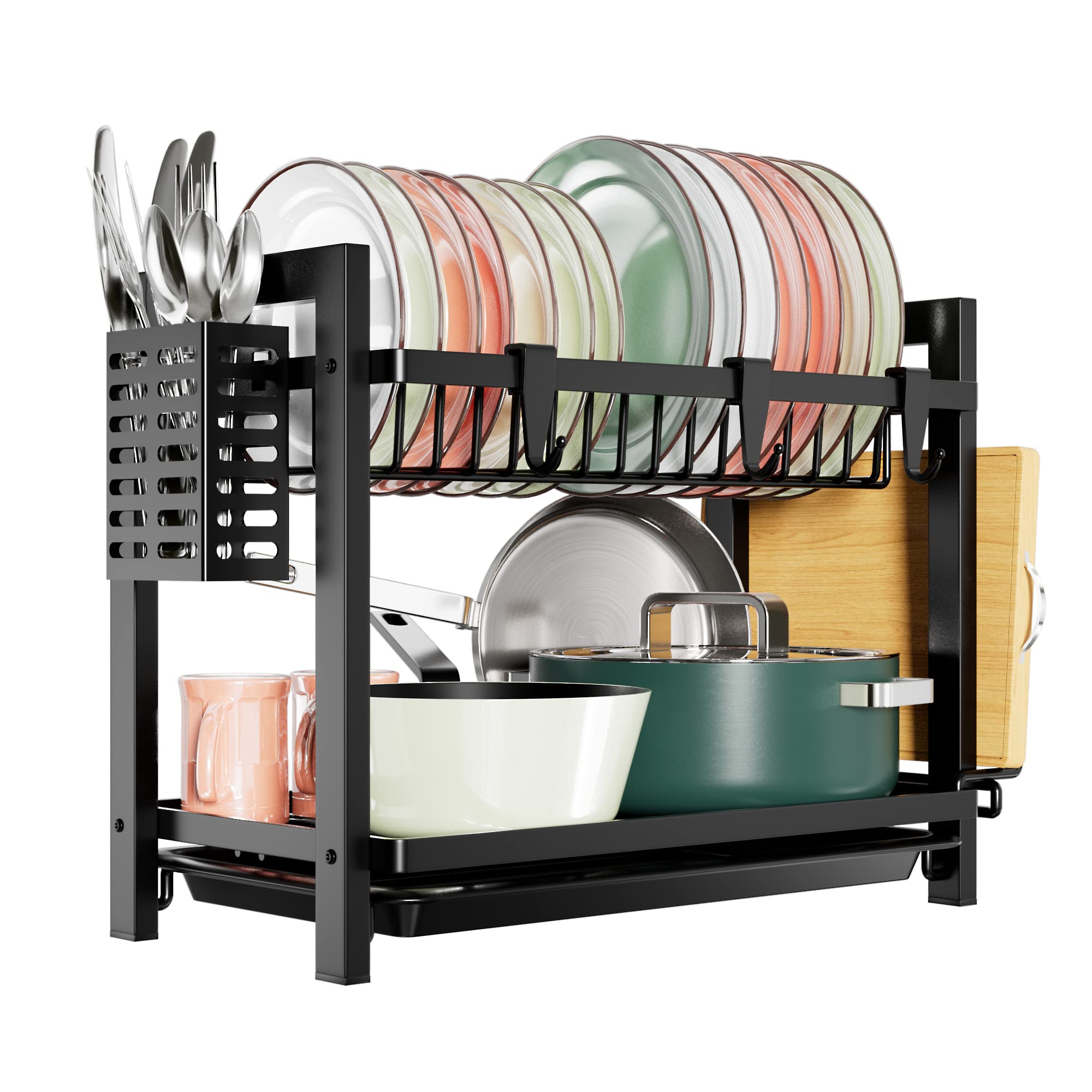 Dish Drainer Black (43.5 x 24.5 x 34.5), 2-Tier Stainless Steel, Dish Drainer with Utensil Holder and Drip Tray