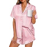 LILLUSORY Womens Satin Silk Pajamas Set 2 Piece Ruffle Pjs Winter Matching Lounge Sleepwear Button Down Striped Shirt Shorts