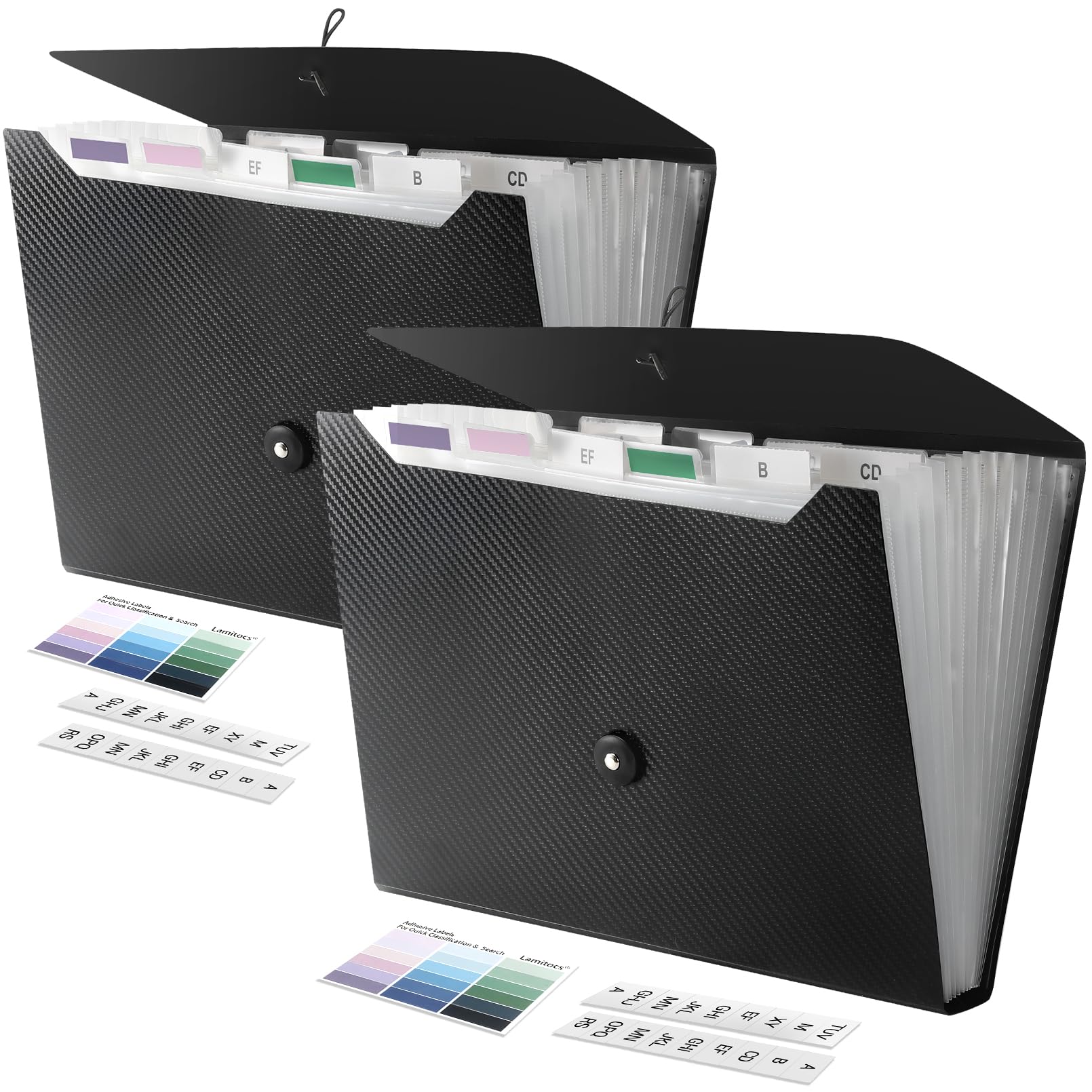 Lamitocs 2 PCS Expanding File Folder A4,13 Pockets File Organiser with Colored Tags, Paperwork A4 Plastic Wallet Document Storage Expander for School,Office and Home, Black