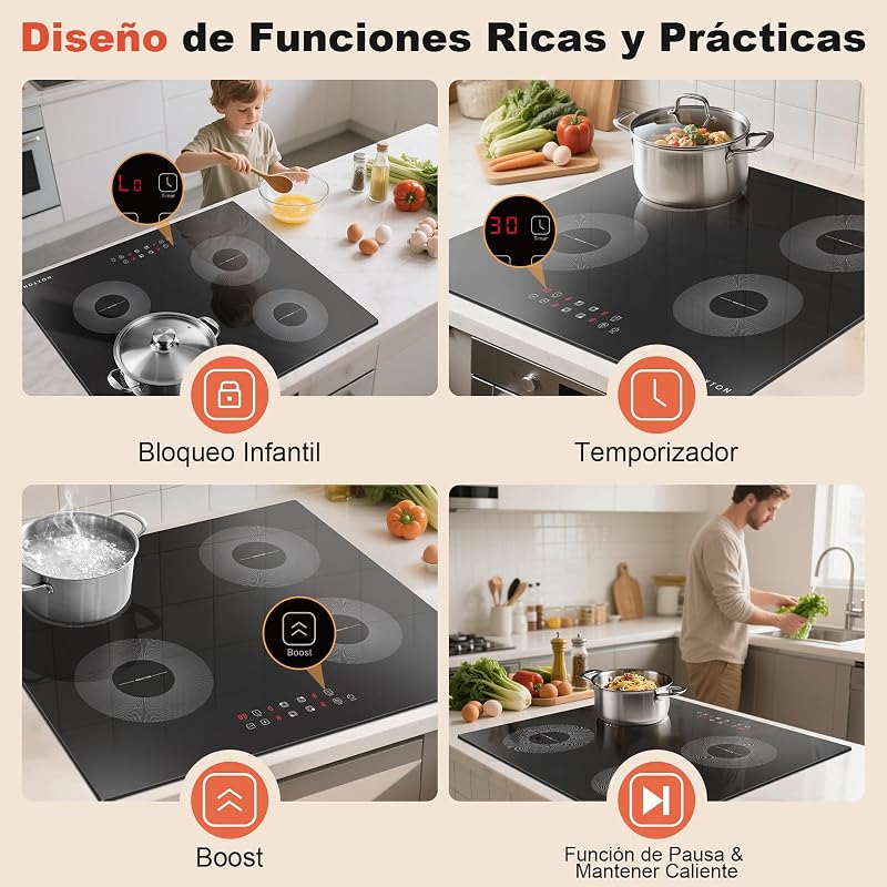 Placa de Inducción 4 Fuegos, 60 cm, Encastrable, Sin Enchufe, 7200 W