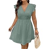 Eytino Plus Size Dresses for Women Summer Ruffle Cap Sleeve Lace V Neck Embroidery Eyelet A Line Dress(1X-5X)