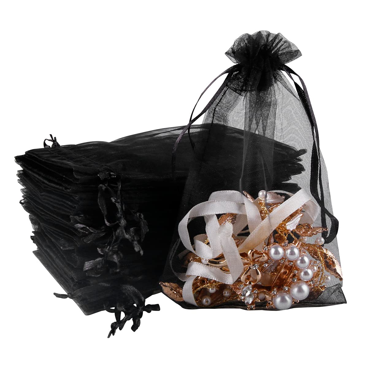 DoGeek 60 Medium Organza Gift Bags Black Jewelry Pouches Sheer Drawstring Pouches, Mesh Candy Favour Bag for Wedding Party Festival Game (10 x 15CM, Black) — image 1