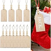 Christmas Hanging Decorations - 12PCS Christmas Stocking Name Tags for Family Members, Personalized DIY Farmhouse Wooden Stockings Tags, Pre-Strung Wooden Gift Tag with Beads for Xmas Stocking Decor