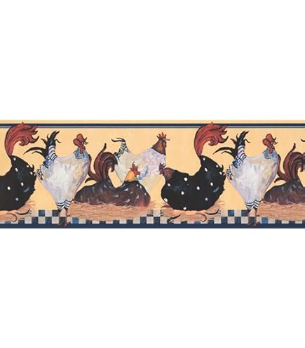 Rooster Farm Animal Wallpaper Border - Country Barnyard Theme With Blue Background, 15 Foot Rolls