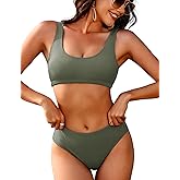 AI'MAGE Women Ribbed Bikini Sets Sporty Swimsuits Scoop Neck Two Piece Bathing Suits High Cut Bikini XS-XXL