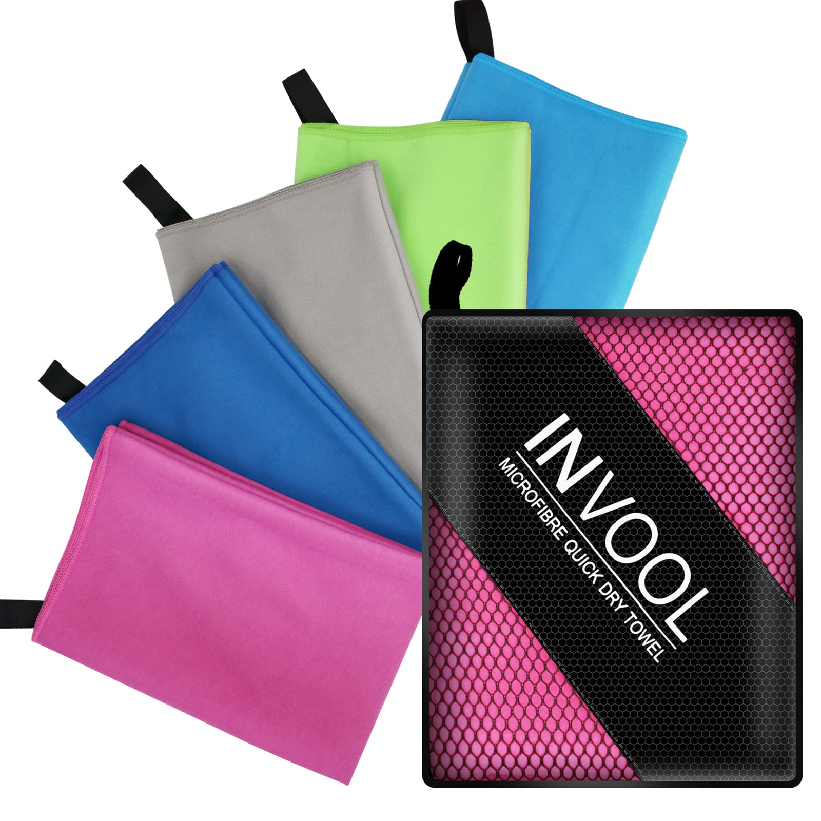 Invool Microfiber Towel, 5 colours with carry bag - Quick Dry Towel for Travel, Camping, Fitness, Beach, Vacation, Fast Drying and Absorbent