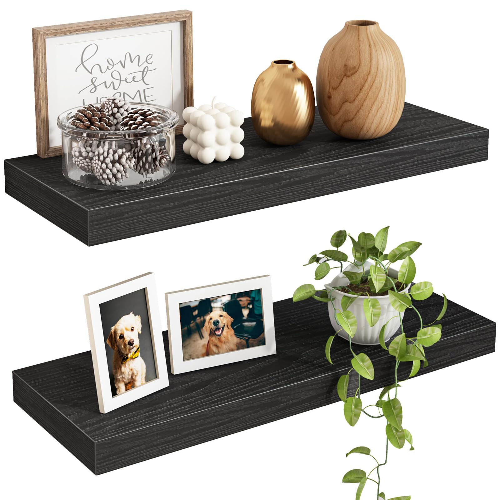 Fixwal Floating Shelves for Wall, 15.7" Wood Wall Mounted Shelves for Living Room, Bedroom, Bathroom and Kitchen, for Storage, Books, Room Decor (Black, Set of 2)