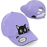 Girls Criss Cross Ponytail Hat - Black Cat Baseball Cap for Kids Age 7-15 - Adjustable Quick Dry Sun Hat for Cat Lover Gifts