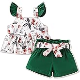 Vitalique 3-18M Newborn Baby Girl Pink Outfits Set Ruffle Sleeve Floral Top + Soild Shorts with Belt