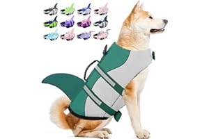 BESS BRIDAL Dog Life Jackets, Ripstop Pet Floatation Life Vest for Small, Middle, Large Size Dogs, Dog Lifesaver Preserver Swimsuit for Water Safety at The Pool, Beach, Boating (M, Dark Green Shark)Medium